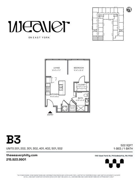 1Bed Floor Plan B3 at The Weaver, Pennsylvania